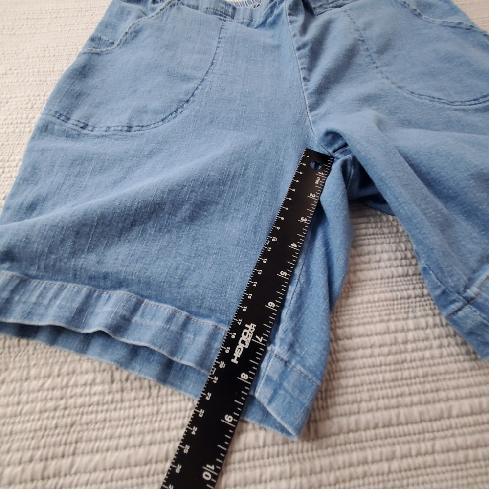 Womens Light Wash Denim Elastic Waist Flat Front Shorts Blue Casual Large Pocket - Picture 4 of 8